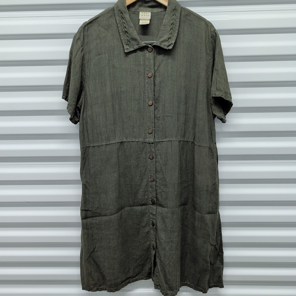 Marc Ware Size L Women Olive‎ Green 100% Linen Embroidered Collar Shirt Dress